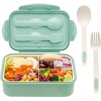 China Custom 1400ml Plastic Bento Box Containers Microwave Safe Green With Spoon Fork on sale