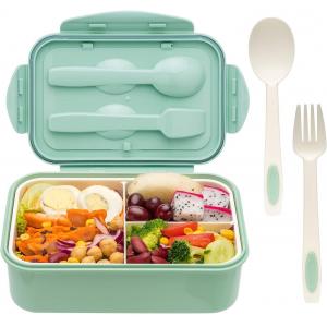 Custom 1400ml Plastic Bento Box Containers Microwave Safe Green With Spoon Fork