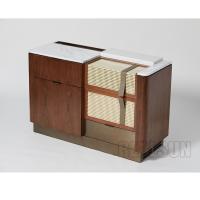 China Walnut Veneer Functional Console Hotel Room Dresser With Brushed Brass Metal Base on sale