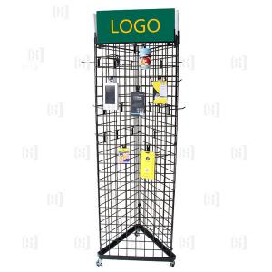 China 3 Sided Triangle Wire Grid Supermarket Display Racks With Logo And Casters supplier