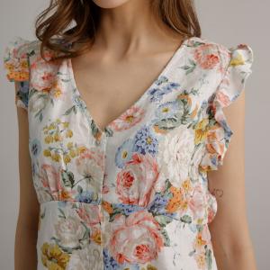 V Neck Floral Print Linen Dress Woven Open Placket Ruffled Short Sleeve Dress