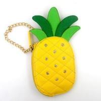 Hot sale yellow faux leather pinapple shaped coin purse keychain with rhinestone